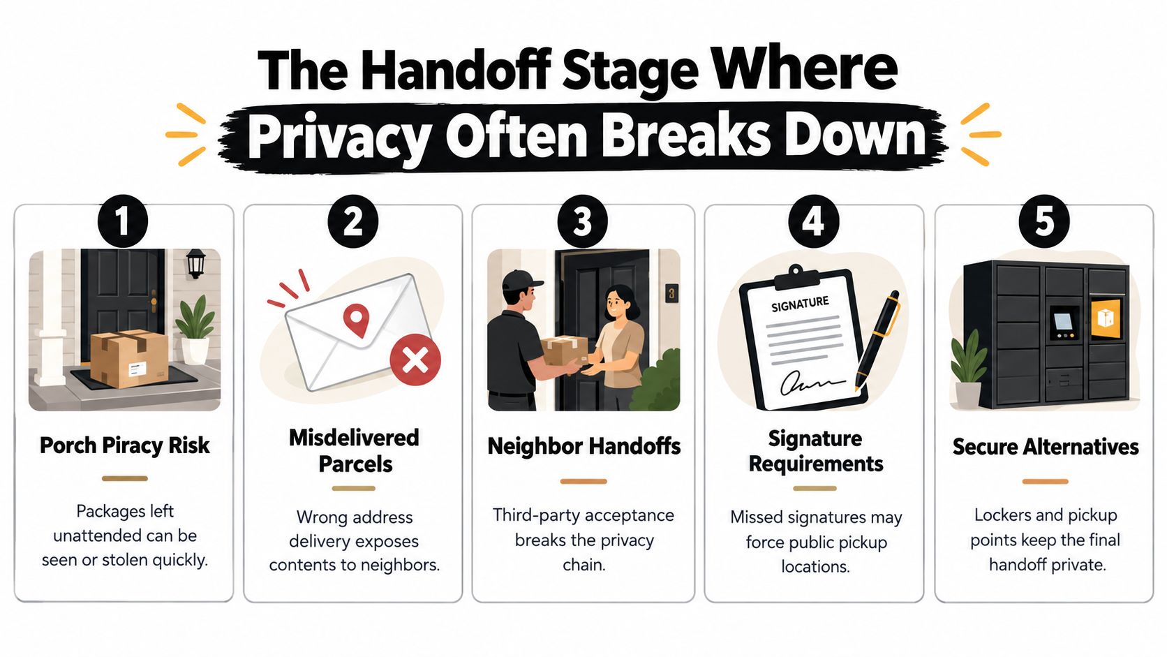 An infographic showing five stages of package delivery risks and security solutions for maintaining delivery privacy.