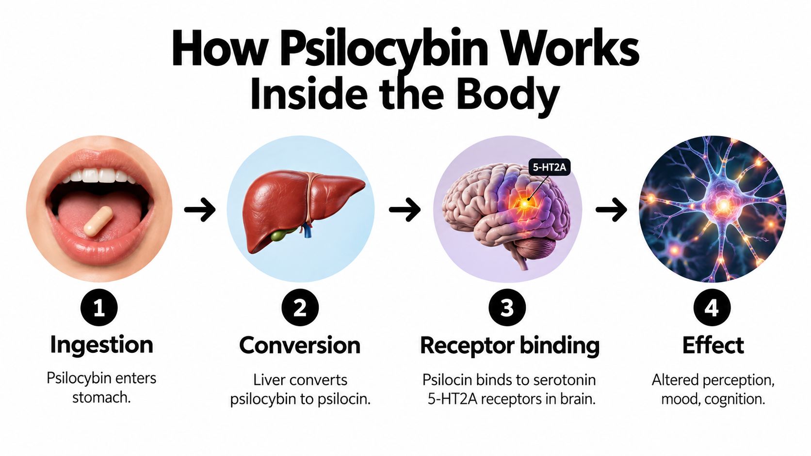 A four-step infographic illustrating how psilocybin is ingested, converted by the liver, and binds to brain receptors.