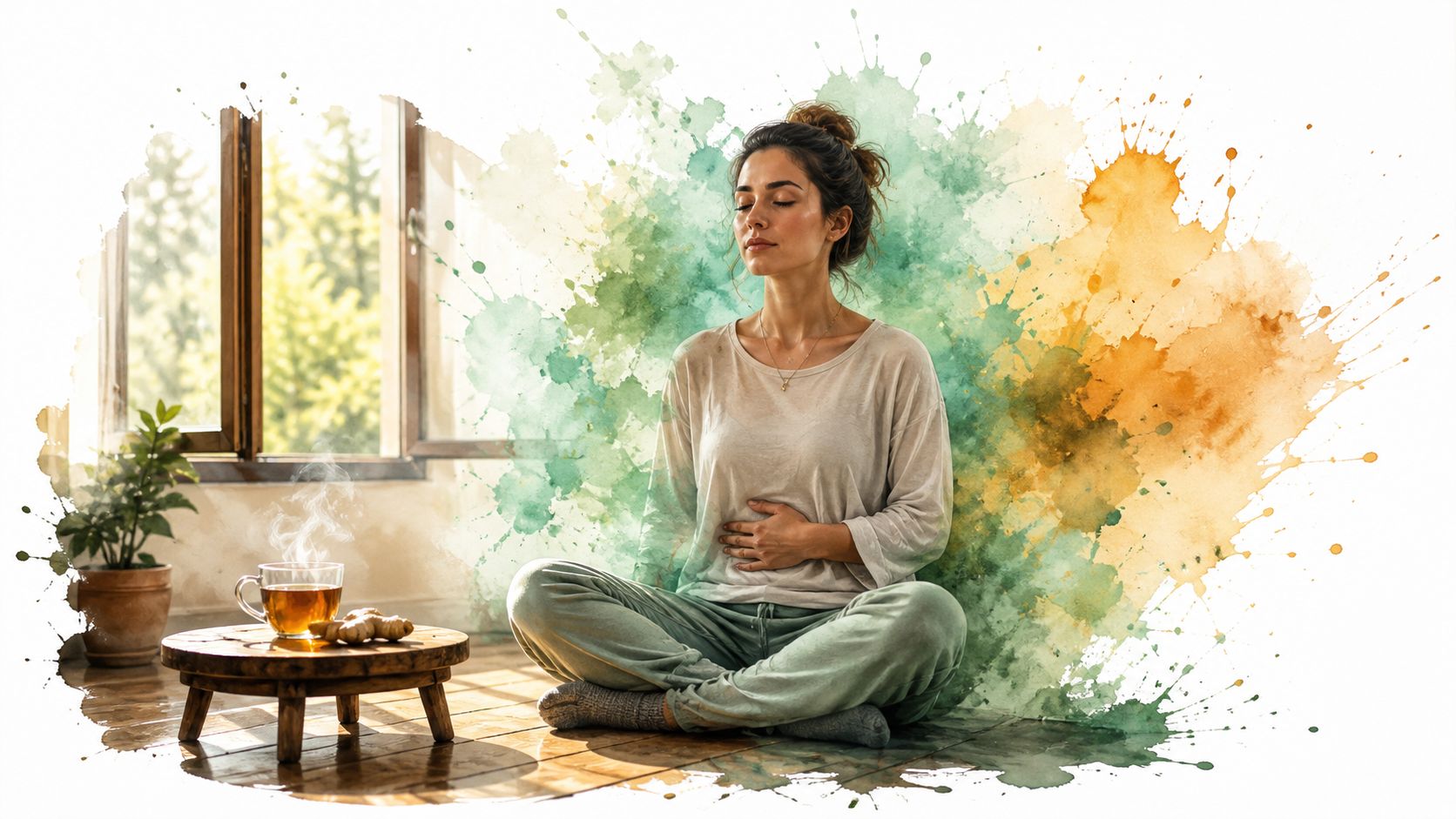 A woman meditating peacefully to help avoid nausea while sitting calmly in a sunlit, artistic room.