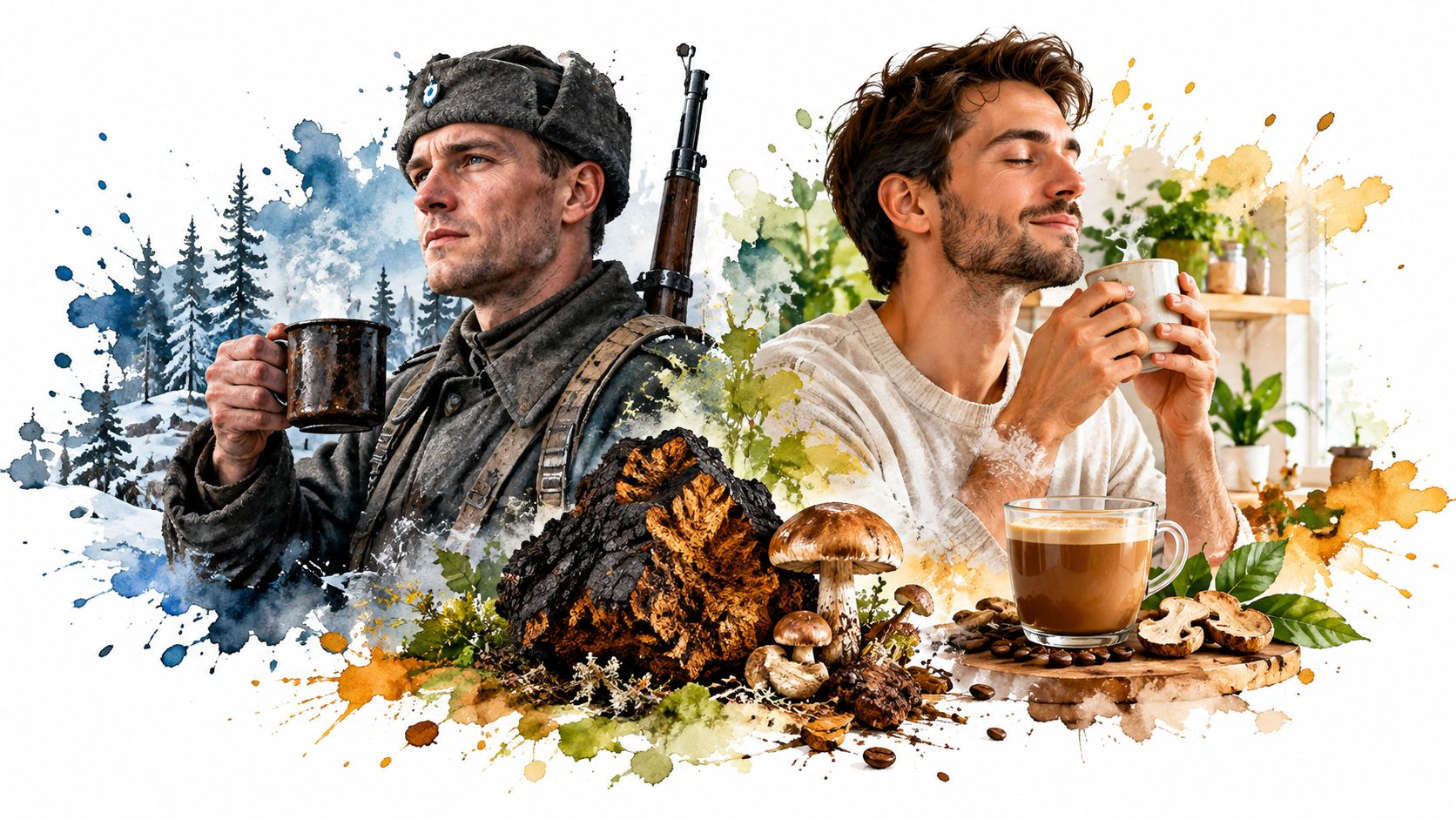 A split composition featuring a soldier in a snowy forest and a man enjoying mushroom coffee indoors.