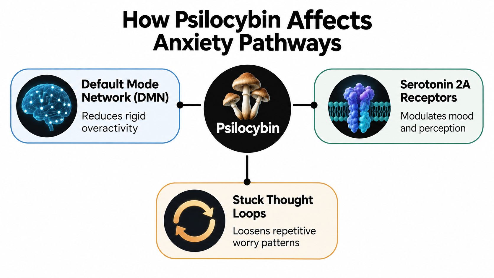 A diagram illustrating how psilocybin affects anxiety pathways through the brain's default mode network, serotonin receptors, and thought loops.