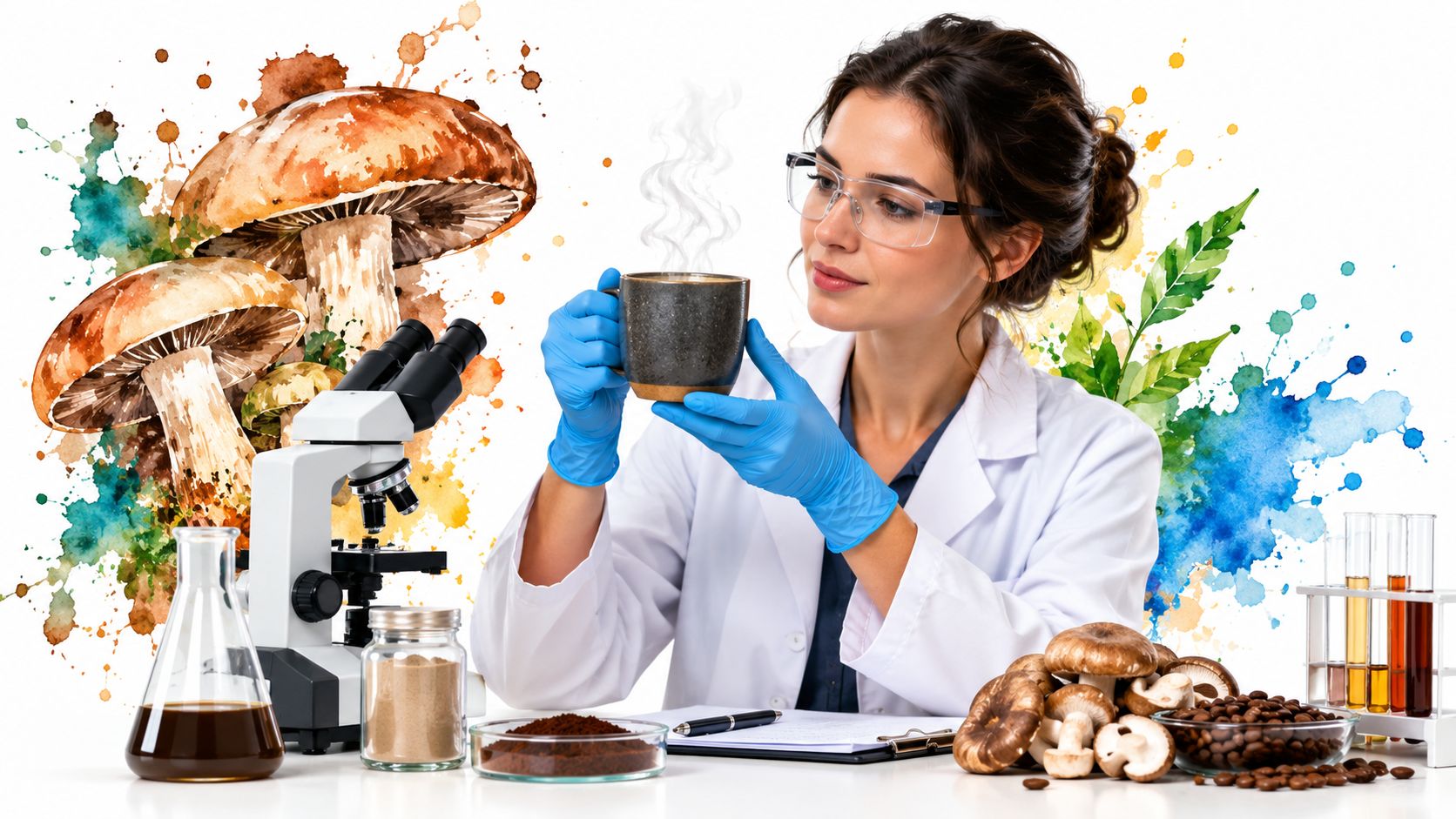 A female scientist in a lab coat examining a steaming cup of coffee with mushrooms and equipment.