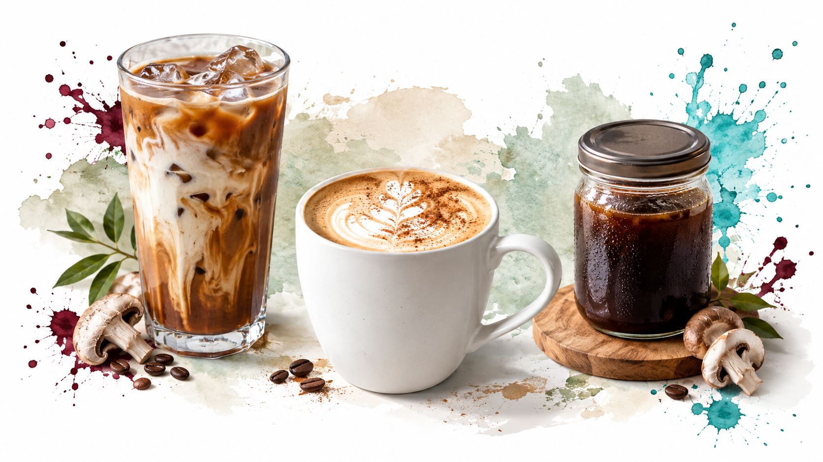Three different mushroom coffee beverages displayed with fresh mushrooms and coffee beans against a watercolor background.