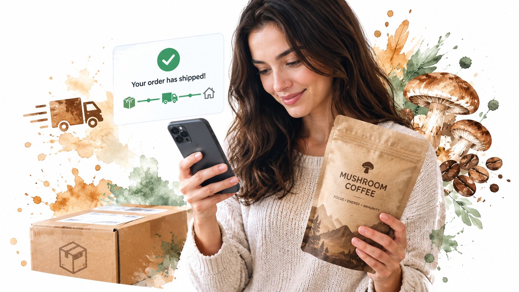 A smiling woman holding a bag of mushroom coffee while viewing a shipping notification on her smartphone.