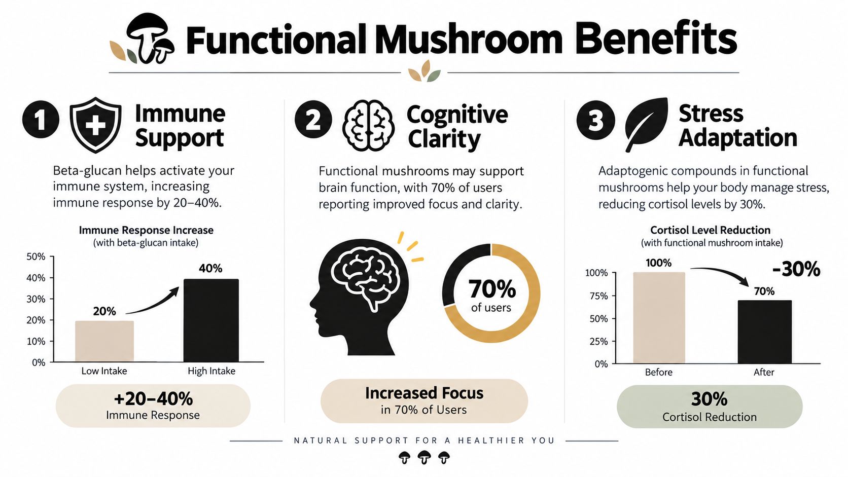 An infographic showing the three main health benefits of functional mushrooms: immune support, cognitive clarity, and stress adaptation.