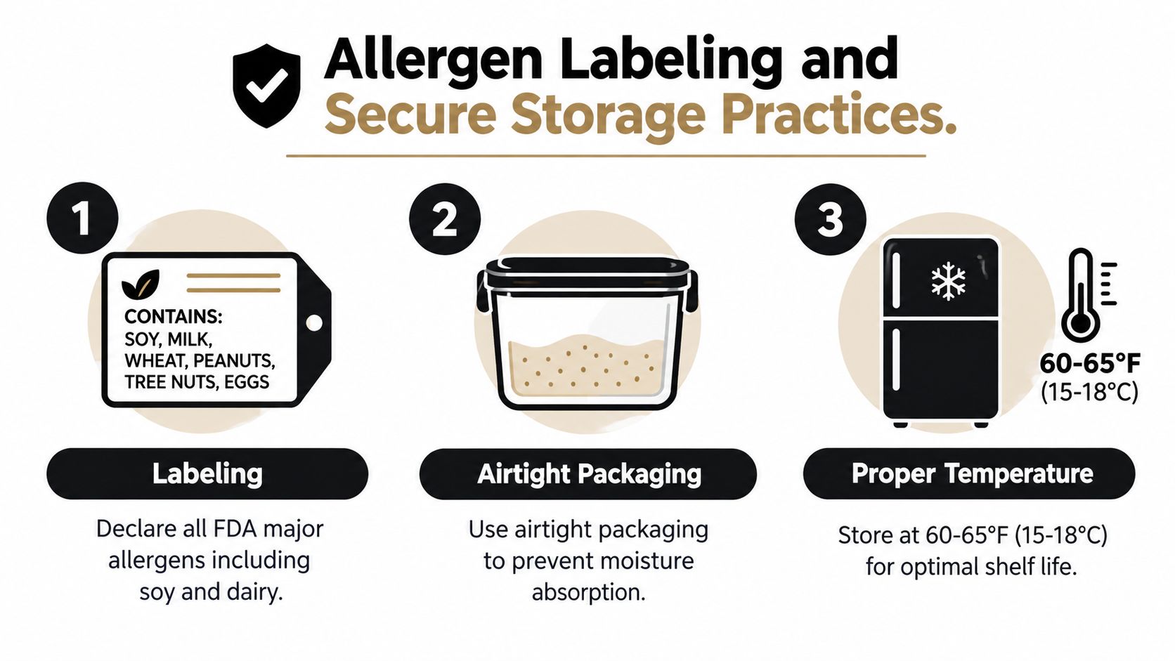 A visual guide explaining three essential food safety steps for proper allergen labeling and secure storage practices.