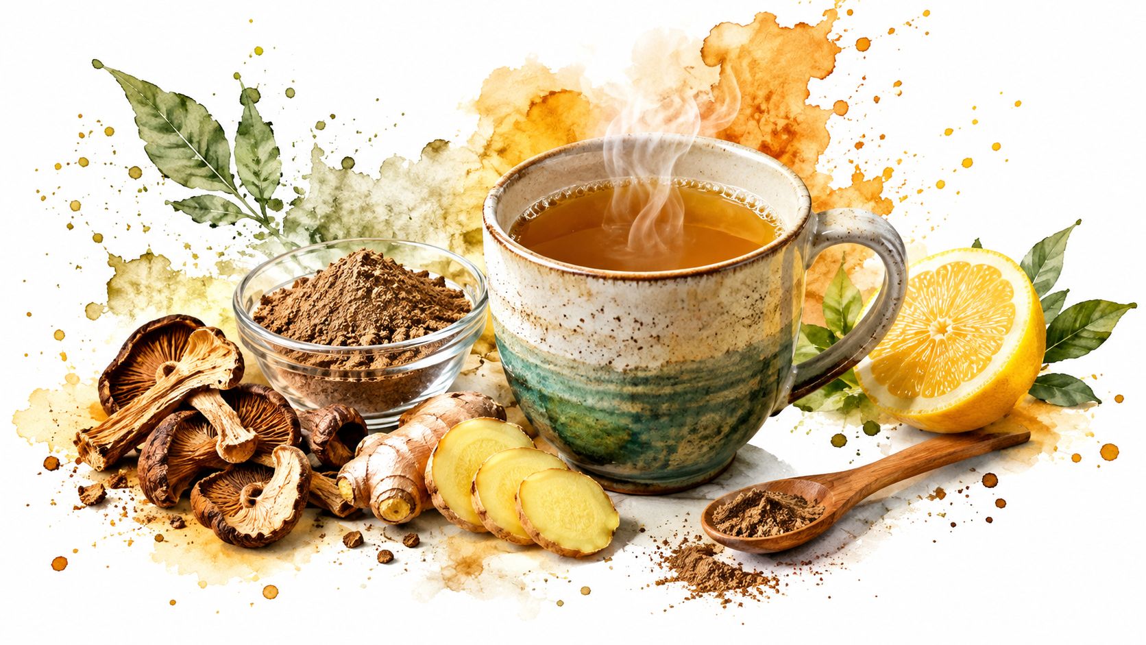 A warm cup of tea with mushrooms, ginger slices, and fresh lemon, highlighting natural health remedies.