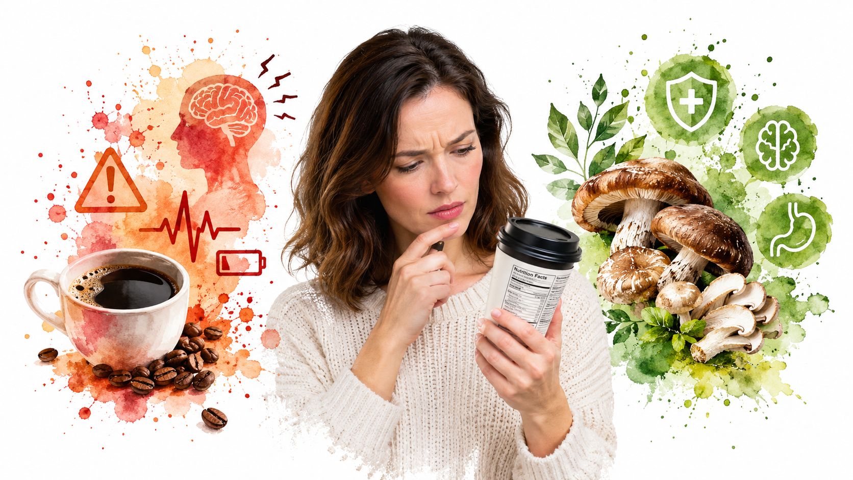 A woman looks concerned while reading the nutrition label of a cup of mushroom coffee drink.