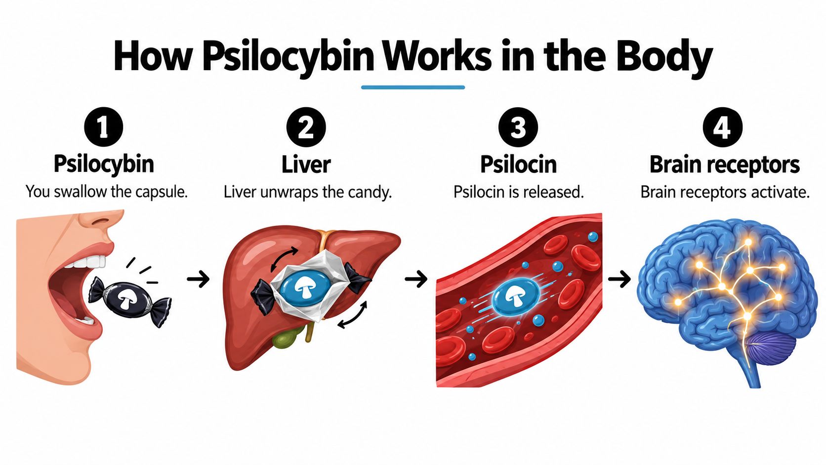 A four-step infographic illustrating how the body processes psilocybin, from swallowing to activation in the brain.