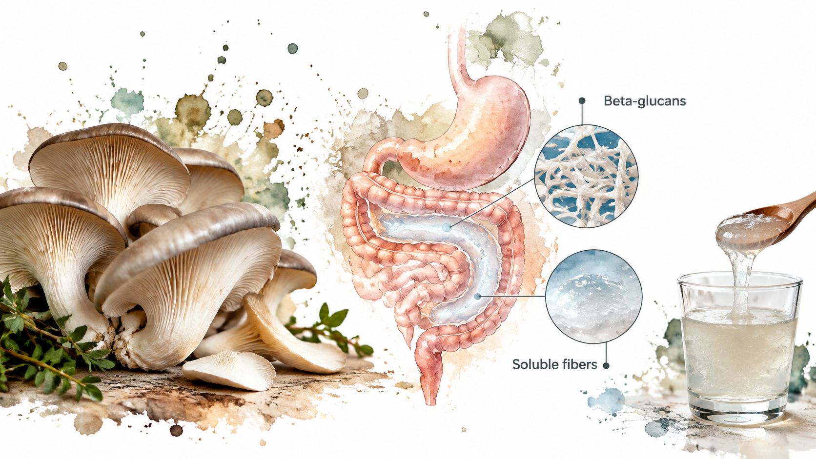 Watercolor illustration showing oyster mushrooms, human digestive tract, beta-glucans, soluble fibers, and a glass of gel.