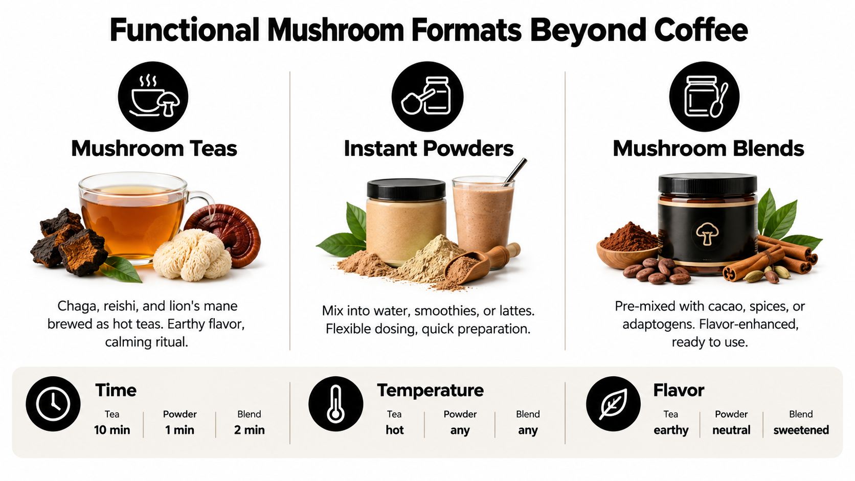 An infographic comparing three functional mushroom consumption formats: mushroom teas, instant powders, and prepared mushroom blends.