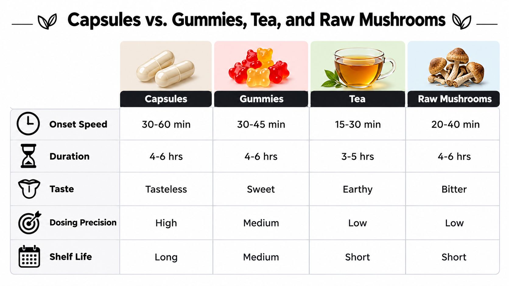 A comparison chart showing differences in onset, duration, taste, precision, and shelf life for four mushroom consumption methods.