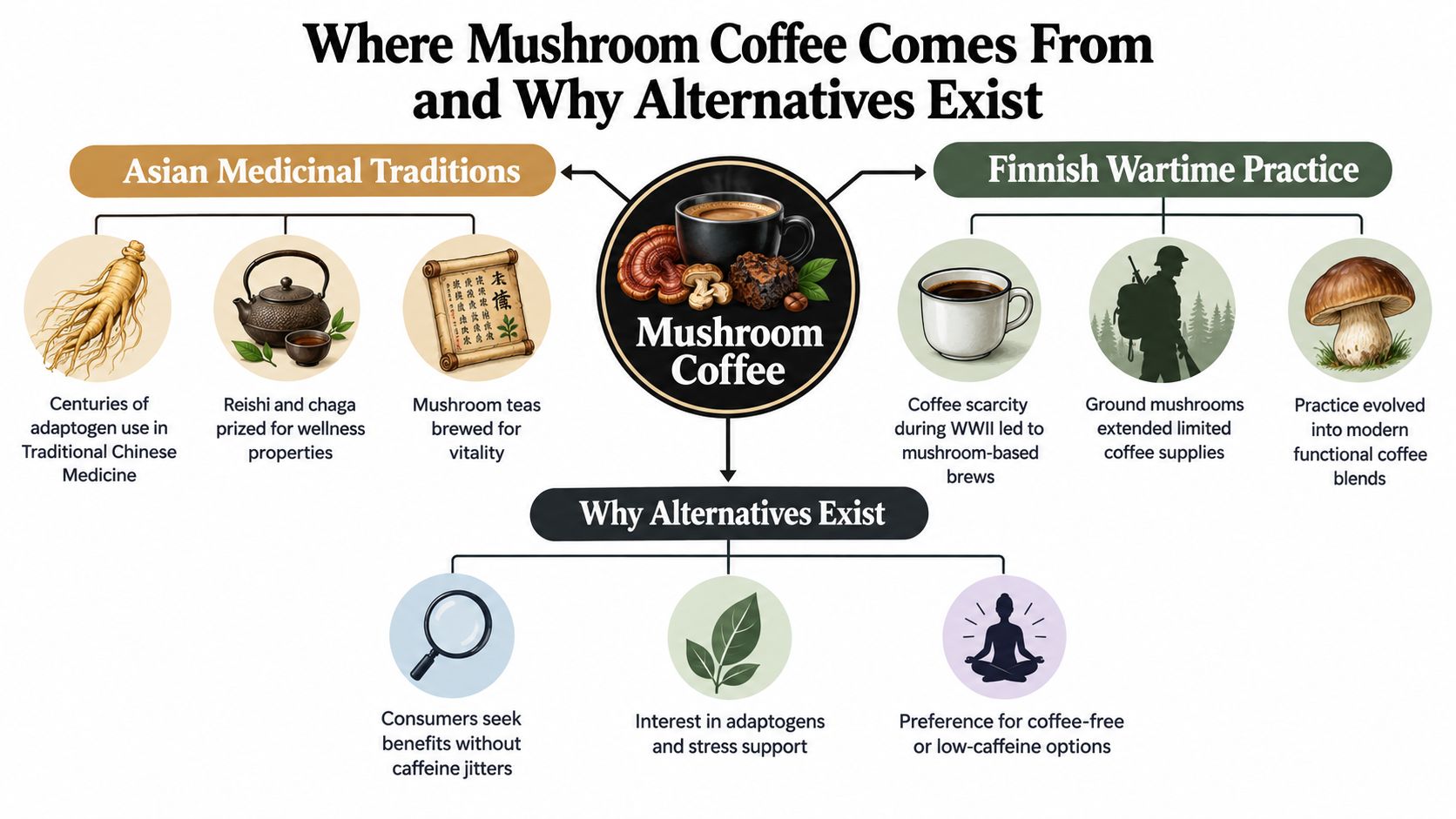 An infographic diagram explaining the historical origins of mushroom coffee and the reasons behind its rising popularity.
