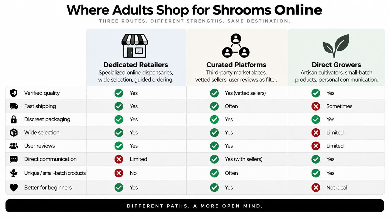 A comparison chart highlighting the differences between dedicated retailers, curated platforms, and direct growers for purchasing mushrooms.