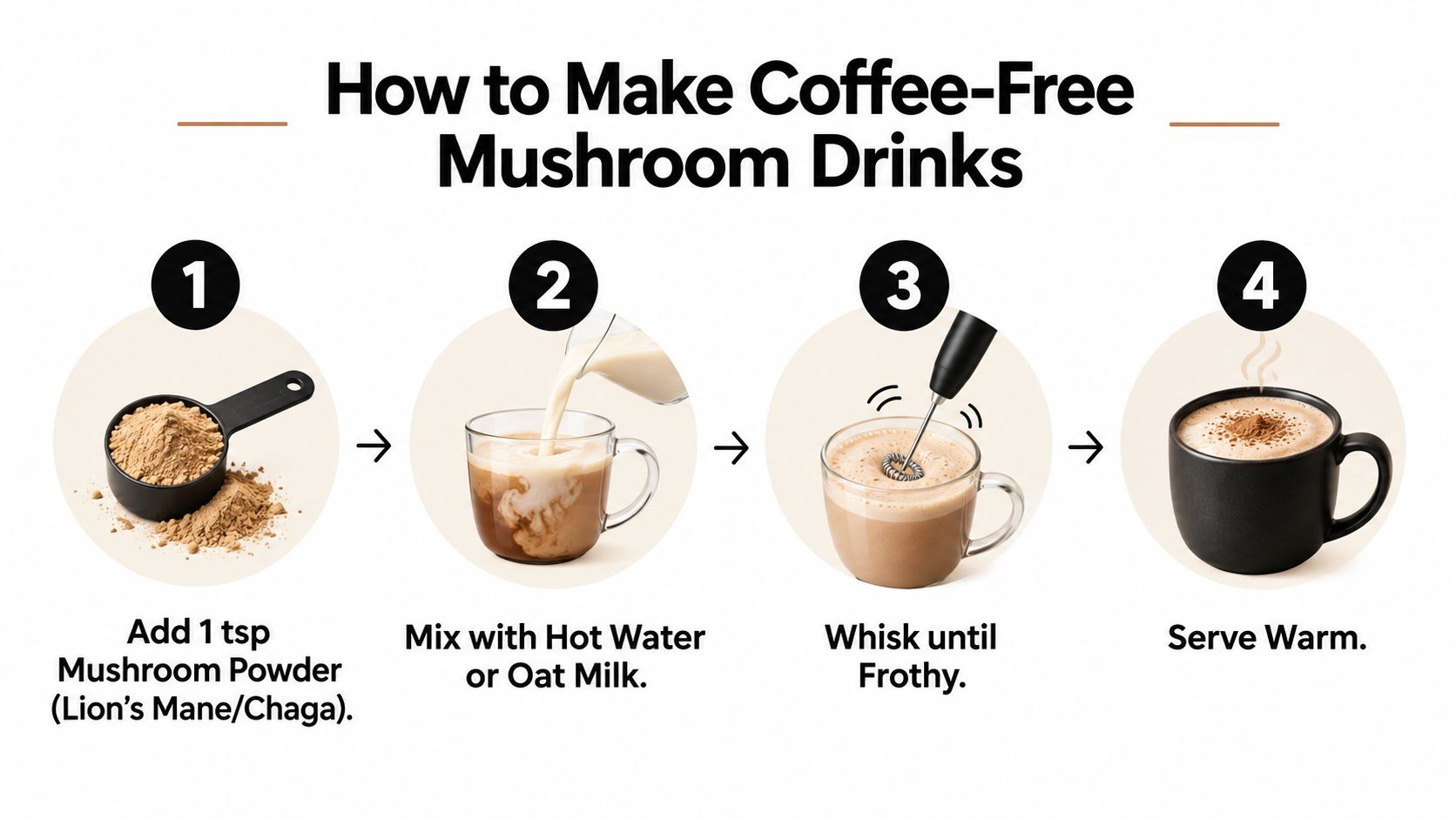 An infographic showing four simple steps to prepare a mushroom powder drink with hot liquid.