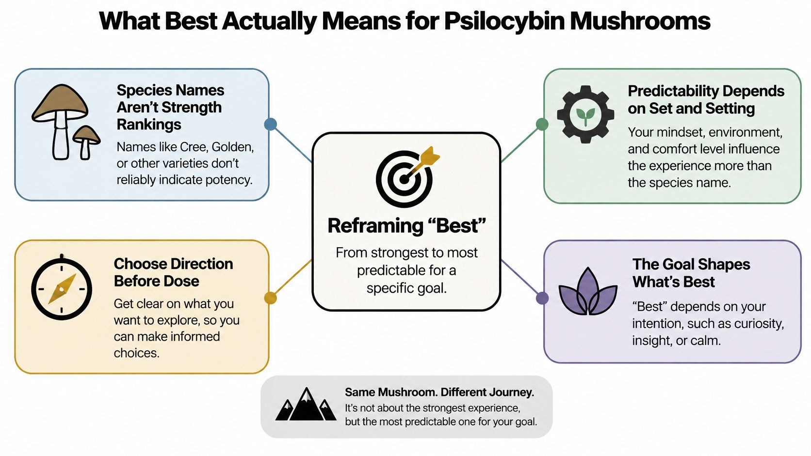 An infographic titled What Best Actually Means for Psilocybin Mushrooms explaining how to reframe choosing mushrooms.