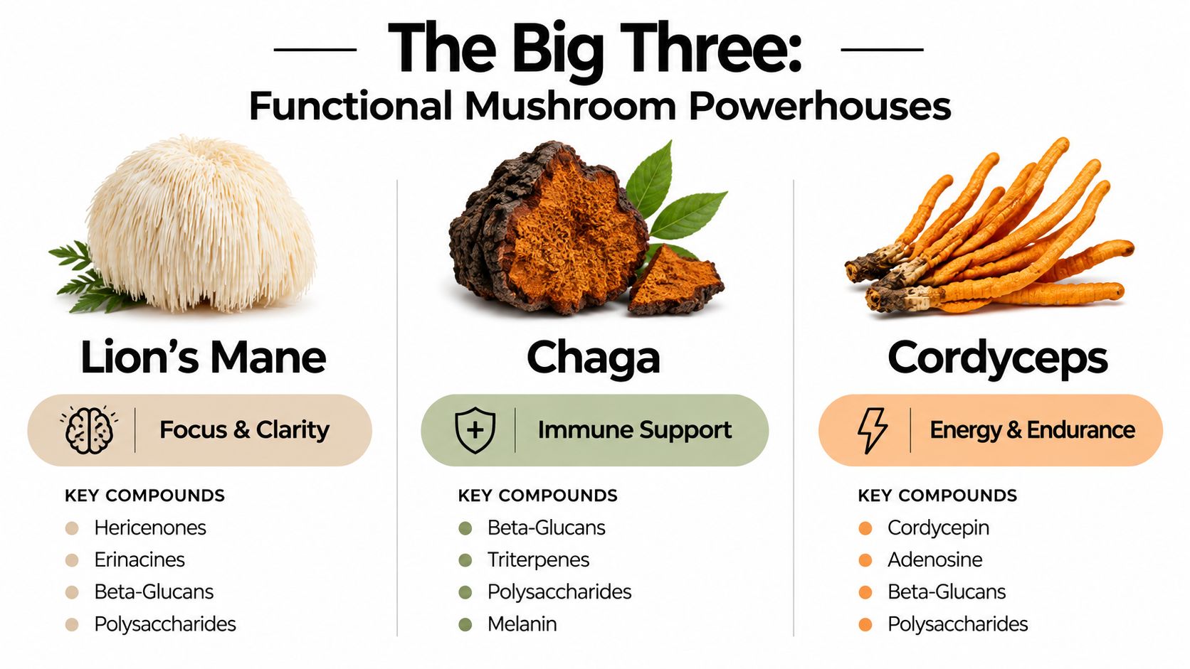An infographic displaying the three functional mushrooms, Lion's Mane, Chaga, and Cordyceps, with their health benefits.