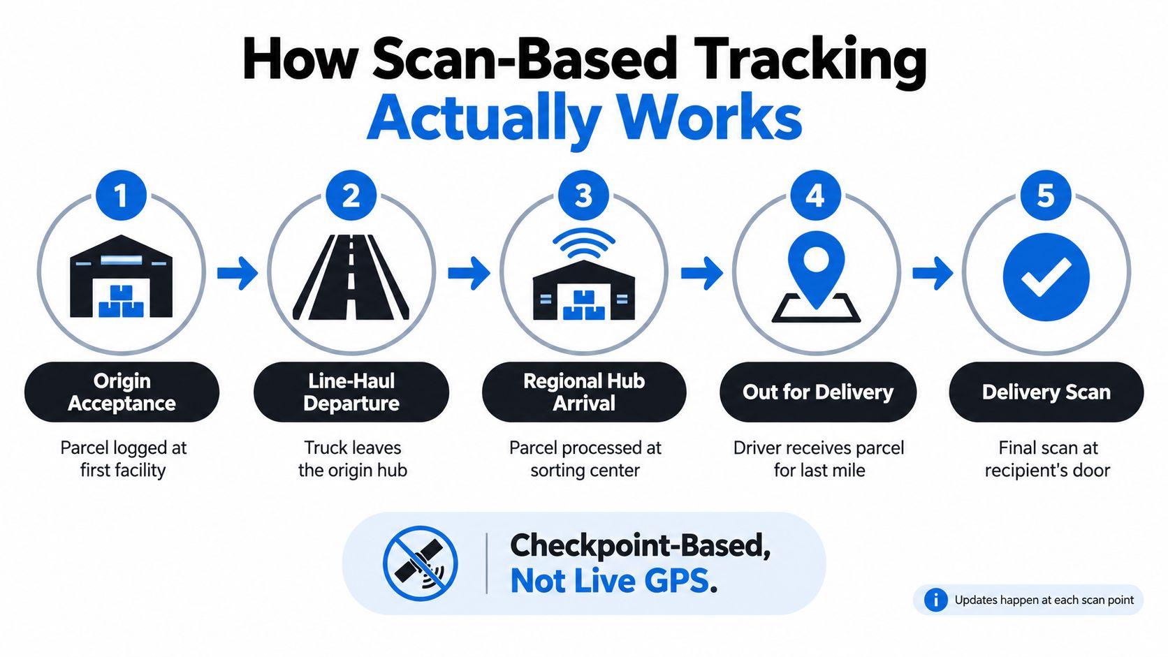 A five-step infographic explaining how scan-based package tracking works from origin acceptance to final delivery scan.