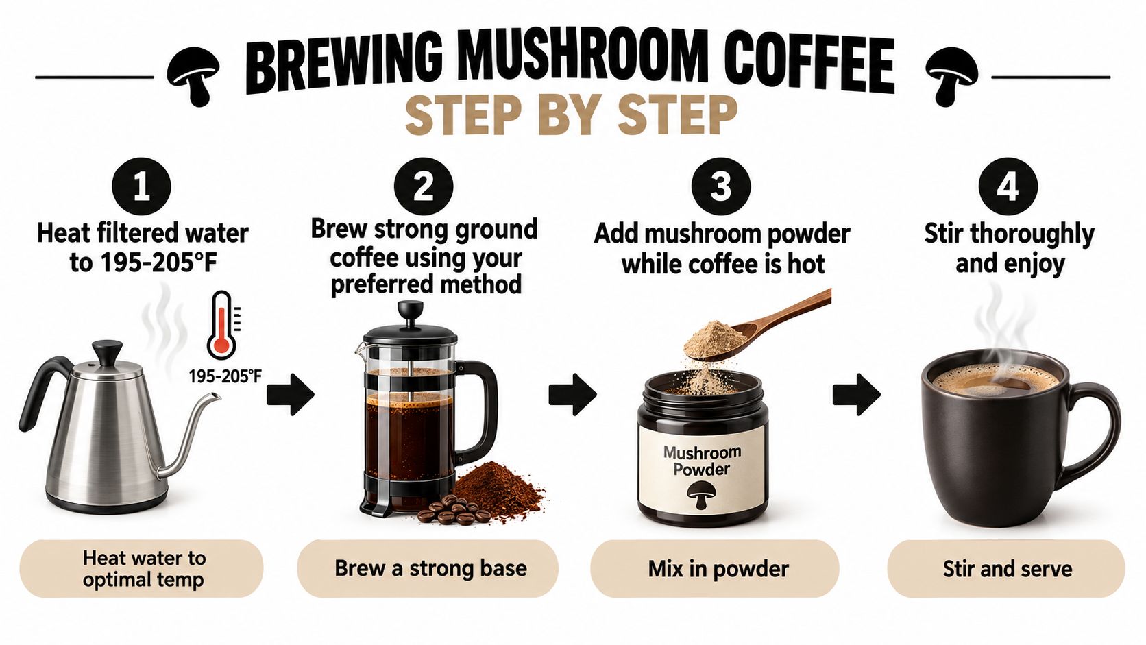 A step-by-step infographic illustrating the process of heating water, brewing coffee, and mixing in mushroom powder.