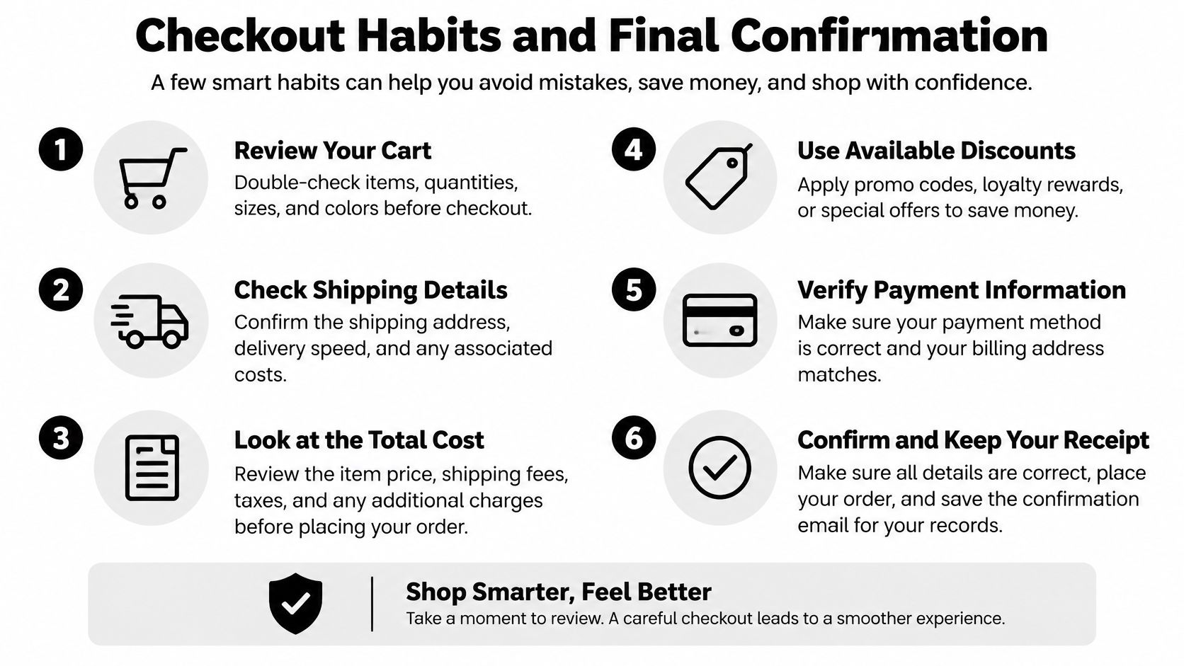 An infographic titled Checkout Habits and Final Confirmation listing six numbered steps for smarter online shopping.