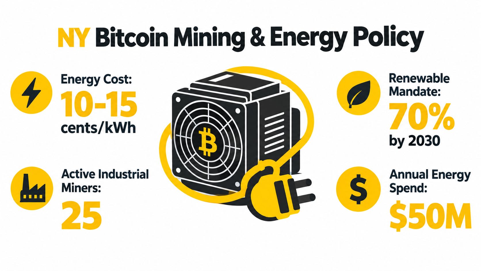 An infographic titled NY Bitcoin Mining & Energy Policy detailing energy costs, active miners, and renewable targets.