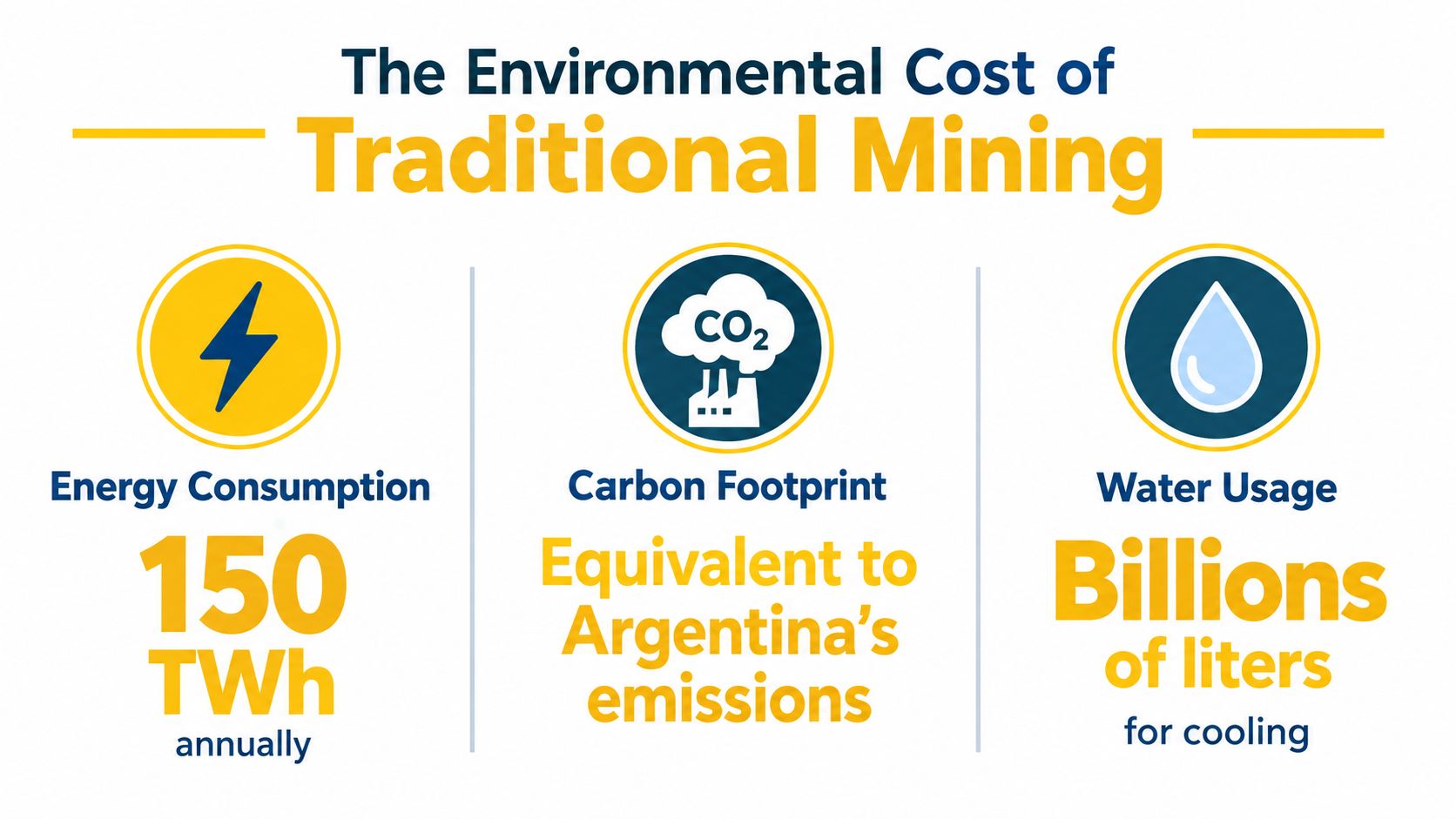 An infographic showing the high environmental costs of traditional mining, including energy consumption, carbon footprint, and water usage.