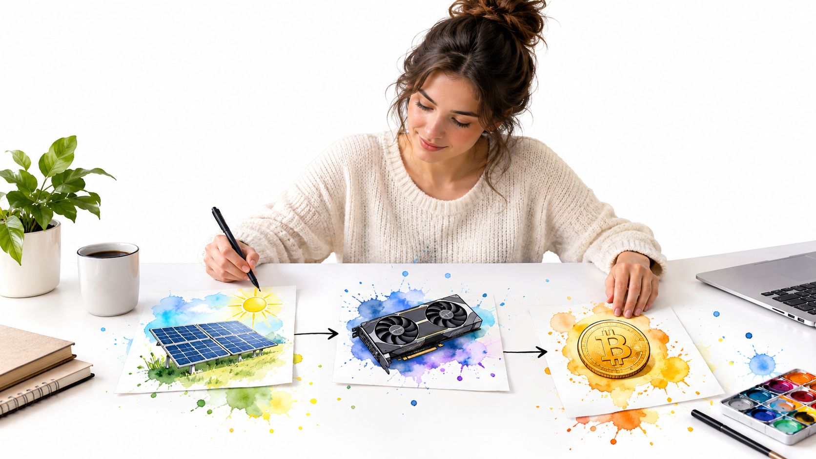 A woman sketching a diagram showing solar panels powering a graphics card for bitcoin mining on paper.