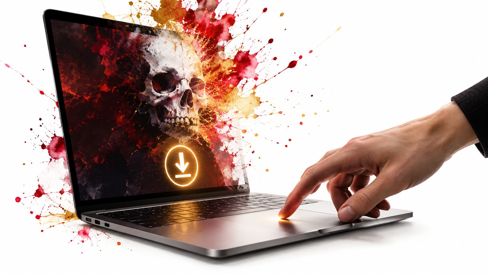 A human hand clicking a laptop trackpad displaying a dangerous skull icon and download symbol