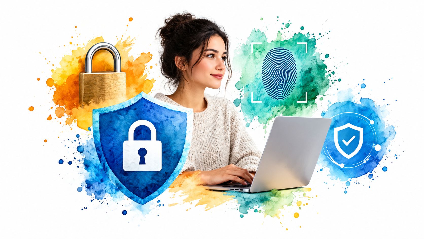 A woman using a laptop surrounded by digital security icons like a padlock, fingerprint, and shield.
