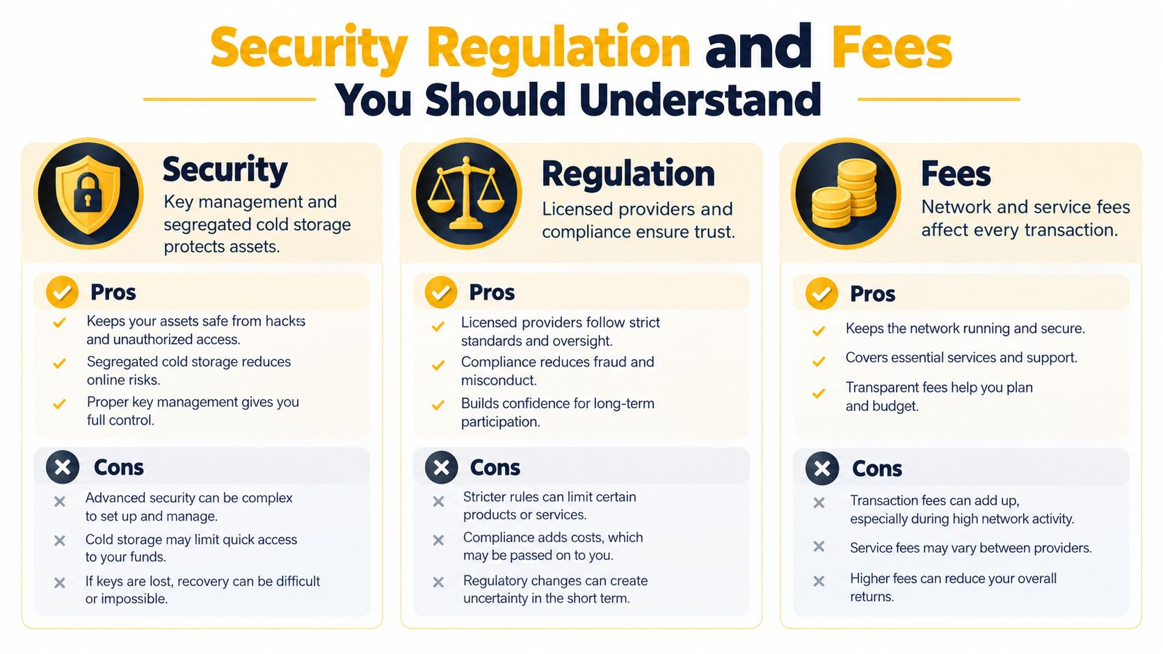 A visual guide outlining the pros and cons of security, regulation, and fees in digital asset management.