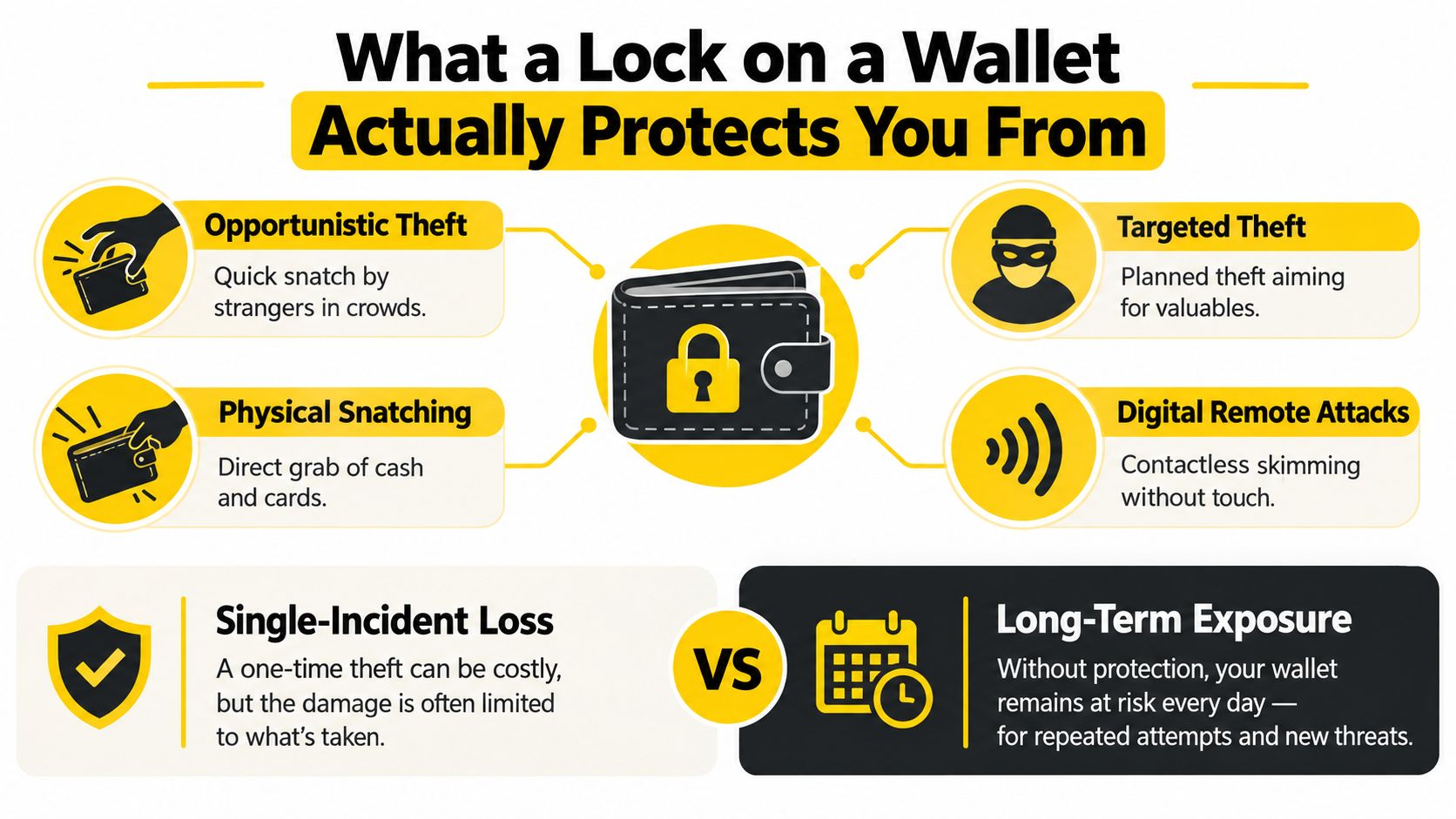 An infographic titled What a Lock on a Wallet Actually Protects You From, comparing threats and risks.