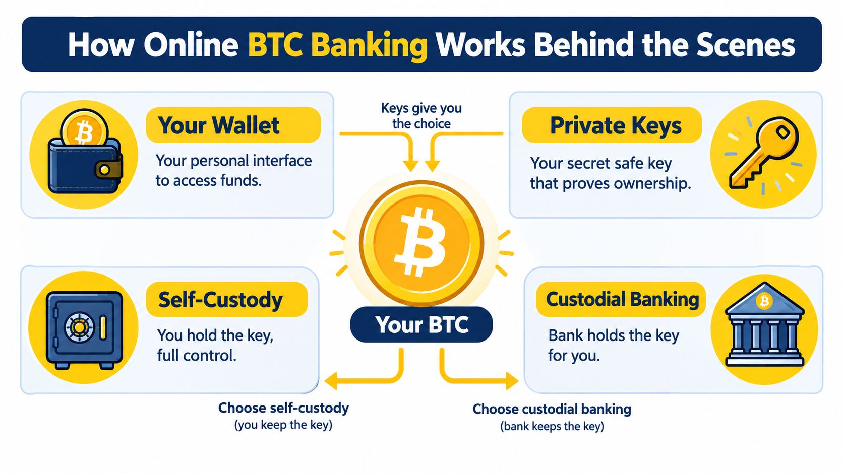 A diagram explaining how online Bitcoin banking works by comparing self-custody and custodial banking approaches for users.