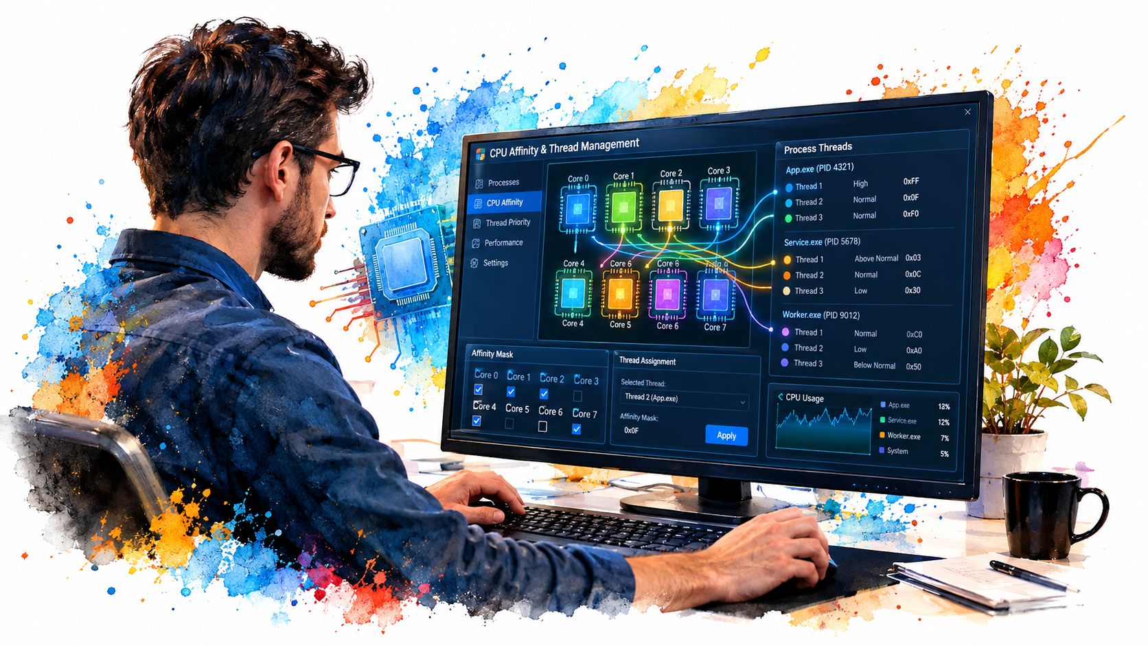 A person sitting at a desk monitoring advanced CPU affinity and thread management settings on a computer screen.