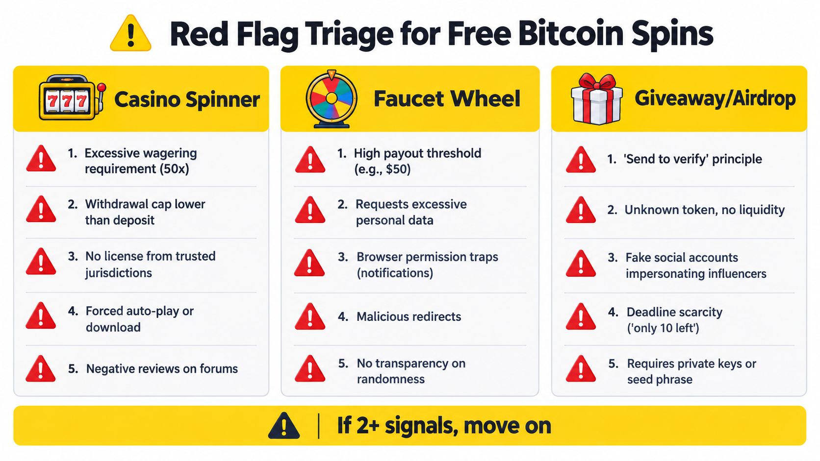 An infographic titled Red Flag Triage for Free Bitcoin Spins outlining common scam risks for users.