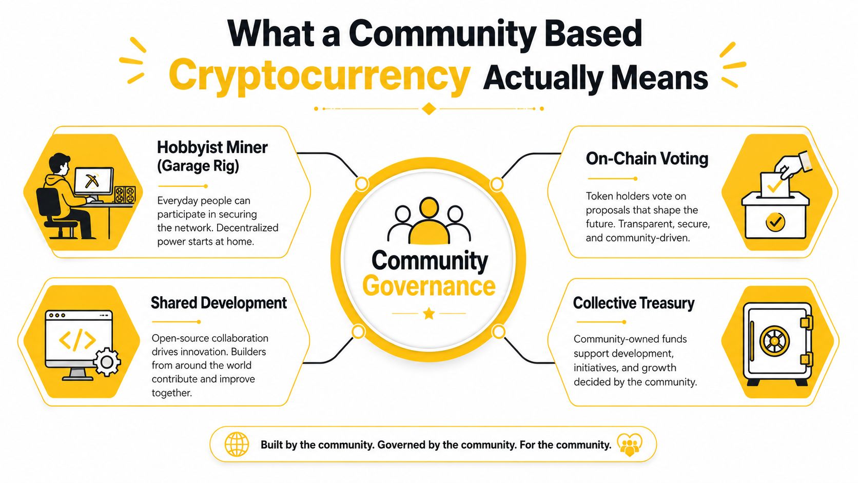 An infographic explaining the core pillars of community based cryptocurrency, including governance, mining, development, and treasury management.