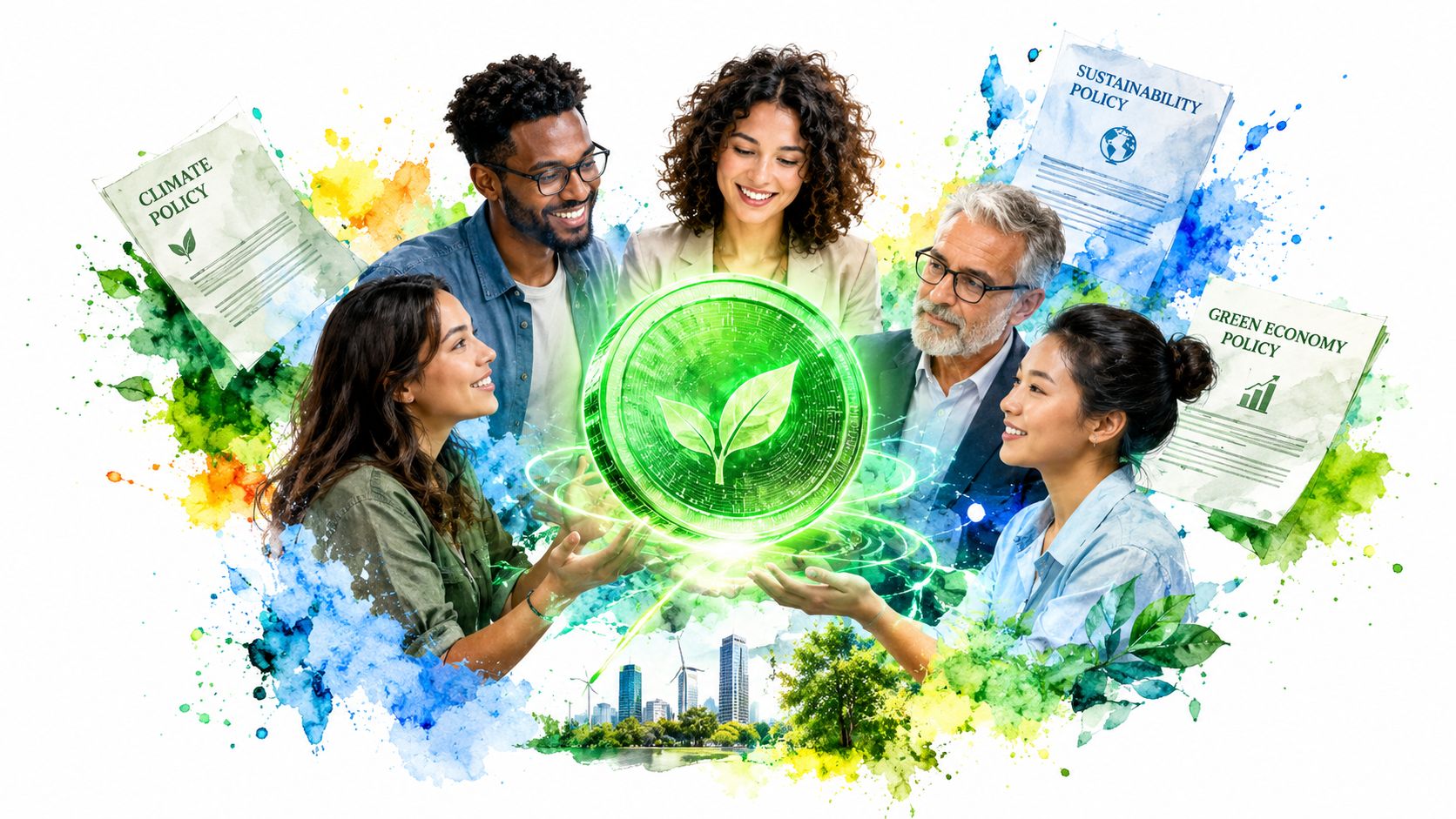 A diverse team of professionals collaboratively discussing green energy initiatives with a glowing digital currency symbol.