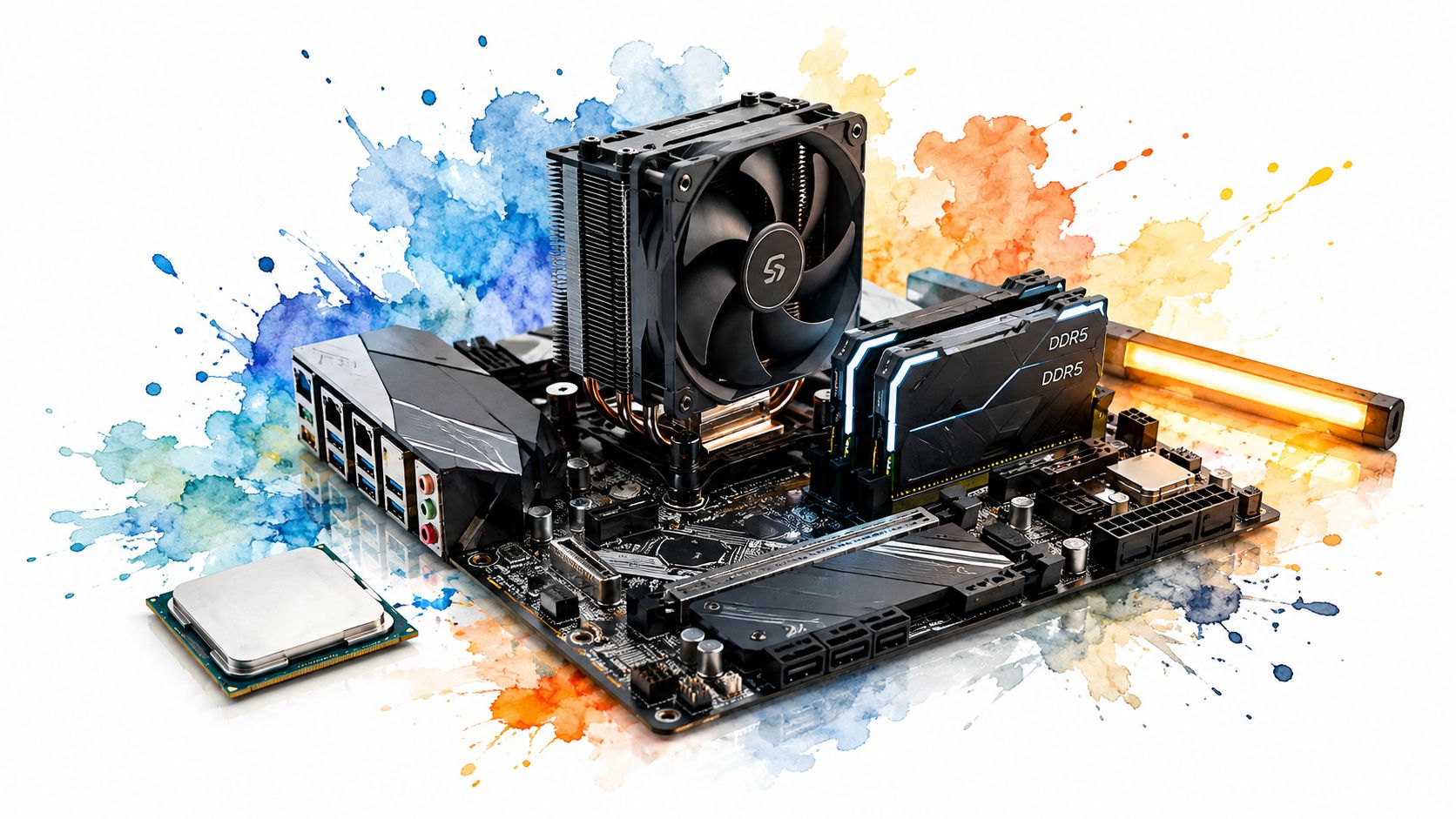A modern computer motherboard with a CPU cooler and DDR5 RAM modules, alongside a processor on white.