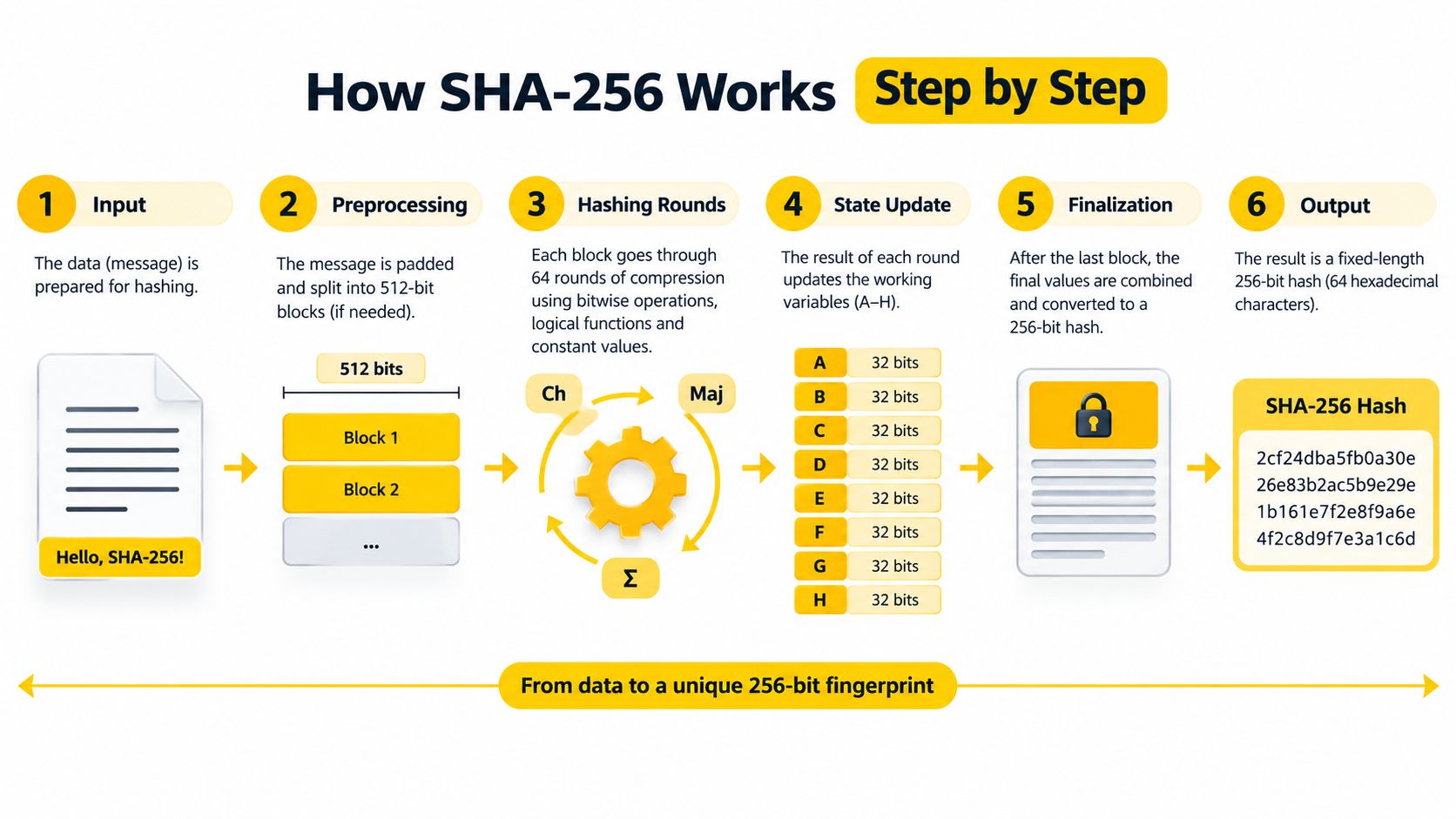 An infographic diagram explaining the six-step process of how the SHA-256 cryptographic hash function works.