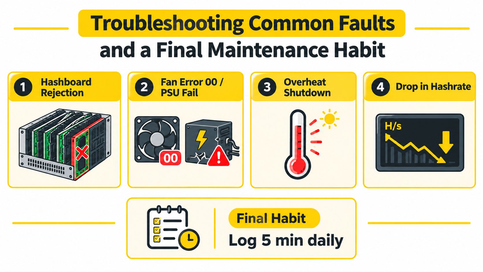 A guide illustrating common troubleshooting issues for crypto mining equipment and the importance of daily logging.
