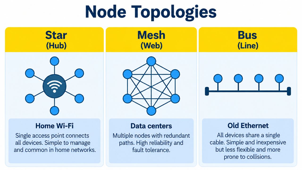 A diagram illustrating three network node topologies including star, mesh, and bus configurations with descriptions.