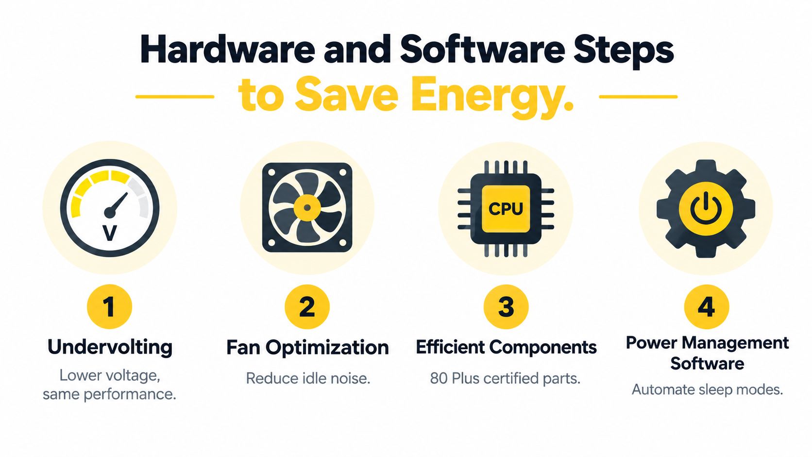 An infographic showing four steps to save energy: undervolting, fan optimization, efficient components, and power management software.