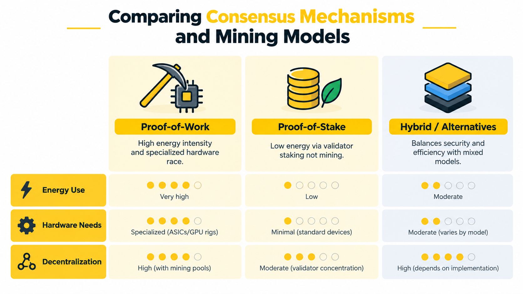 A comparison chart outlining the energy use, hardware needs, and decentralization levels of Proof-of-Work, Proof-of-Stake, and Hybrid consensus mechanisms.