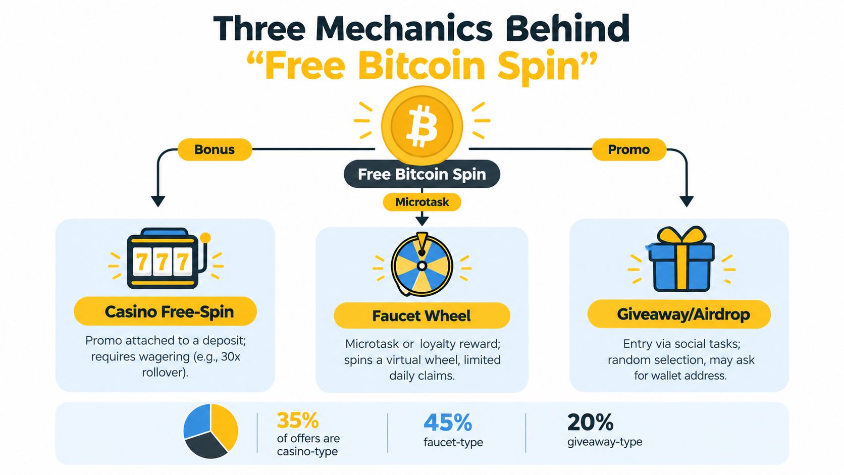 An infographic showing the three main mechanics behind free bitcoin spin offers: casino bonuses, faucet wheels, and giveaways.