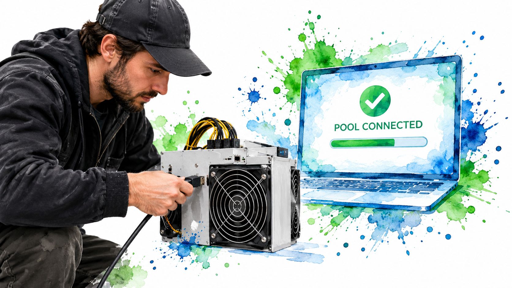A technician connecting a cable to a crypto mining ASIC machine with a connected status laptop.