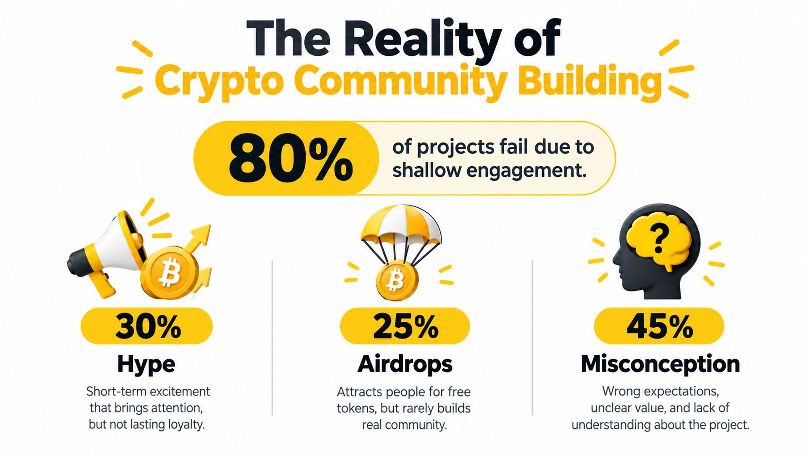 An infographic titled The Reality of Crypto Community Building, illustrating the reasons why most crypto projects fail.