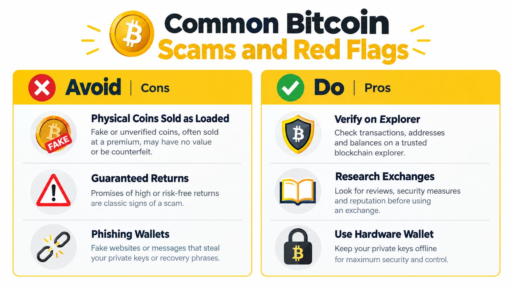 An infographic illustrating common Bitcoin scams to avoid and safe practices to adopt for crypto security.