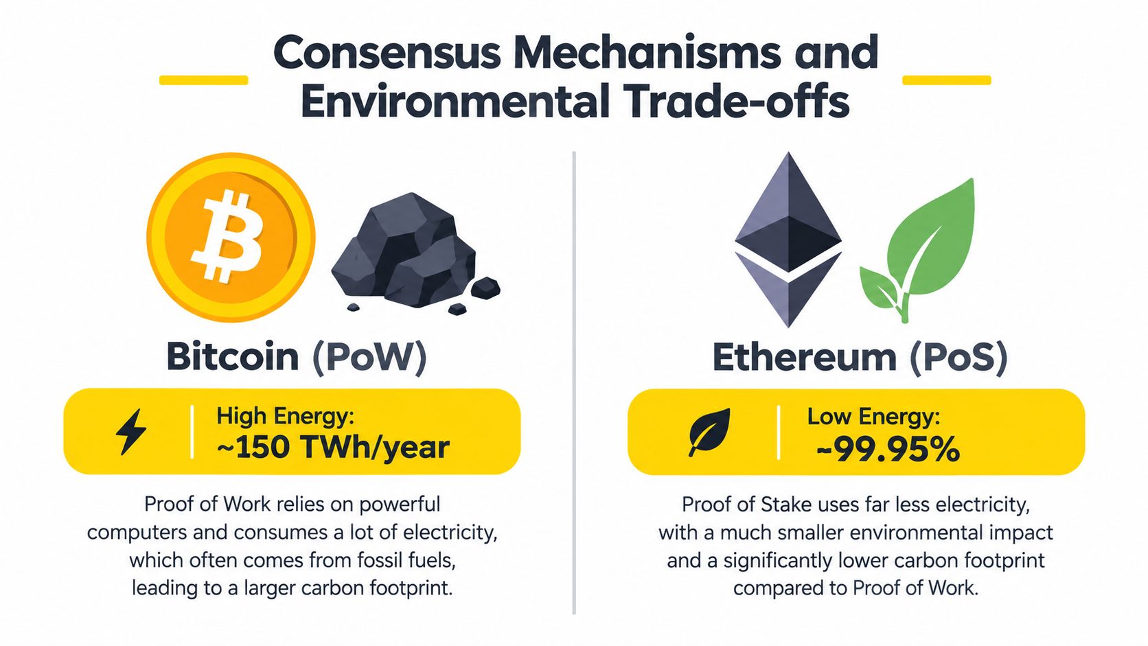 A comparison graphic showing Bitcoin's high energy Proof of Work versus Ethereum's energy-efficient Proof of Stake mechanism.