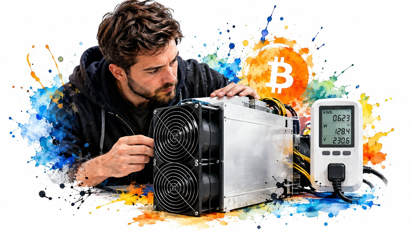 A man inspecting a Bitcoin mining machine connected to a power consumption meter on a desk.