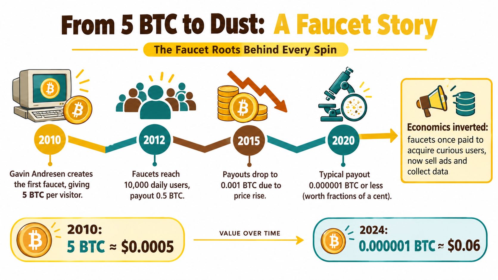 A timeline graphic illustrating the historical devaluation of Bitcoin faucet payouts from 2010 to 2024.