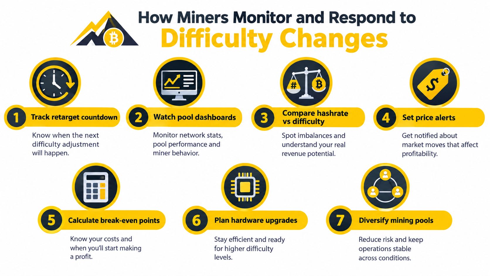 An infographic titled How Miners Monitor and Respond to Difficulty Changes, showing seven numbered steps for bitcoin miners.